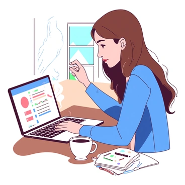 A young woman with long brown hair is focused on analyzing social media metrics displayed on her laptop screen. She is wearing a casual blue sweater and sitting at a wooden desk. Beside her, there is a white coffee cup filled with steaming coffee, and a stack of white notes with colorful pen markings scattered near the laptop. The room is filled with soft natural light coming from a nearby window, highlighting her concentrated expression as she reviews the data.
