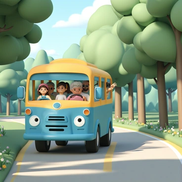 A cartoon-style tour bus, brightly colored in shades of blue and yellow, is driving along a winding road through a lush green forest. The bus has large, friendly headlights and a cheerful expression on the front. Passengers, including a family with a little girl wearing a red hat, a couple with sunglasses, and an elderly man with a camera, are looking out the windows with smiles. The trees surrounding the road are tall and vibrant, with various shades of green leaves, and colorful flowers dot the forest floor. Sunlight filters through the canopy, creating dappled light patterns on the ground.