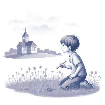 A young child is kneeling in a field, surrounded by tall grass and scattered wildflowers. The child has tousled hair and is wearing simple, worn clothing. They hold a small tool in one hand, while the other hand rests on the earth. In the background, a schoolhouse with a distinctive bell tower stands on a hill, its windows reflecting the sunlight. The child gazes towards the schoolhouse with a sense of longing in their eyes. The sky above is filled with soft clouds, adding depth to the scene.