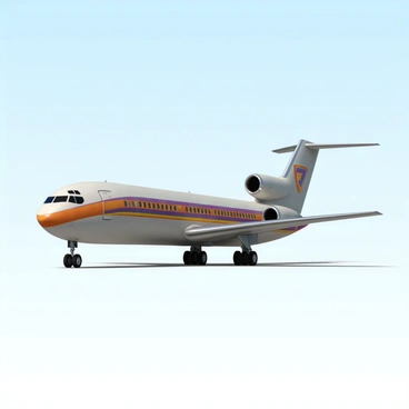 A classic Boeing 727 with a sleek, elongated fuselage and three engines mounted on the rear. The aircraft is painted in a retro airline livery from the 1970s, featuring bold stripes in vibrant colors like orange, purple, and yellow. The tail of the plane displays a large, distinctive logo that embodies the style of that era. The windows are framed in chrome, reflecting sunlight, and the landing gear is extended as it prepares for landing. The scene captures the plane against a clear blue sky, showcasing its iconic shape and design.