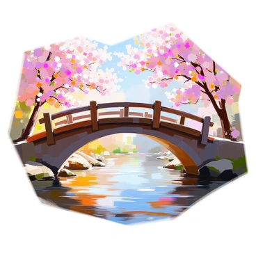 A wooden bridge arches gracefully over a gently flowing river, the surface of the water reflecting the colors of the sky. The bridge is constructed from dark, weathered wood, showcasing its sturdy beams and intricate railing. Adorning the edges of the bridge are clusters of delicate hanging blossoms in shades of pink and white, their petals gently swaying in the breeze. Sunlight filters through the branches of nearby trees, casting dappled shadows on the bridge and adding to the enchanting atmosphere of the scene.