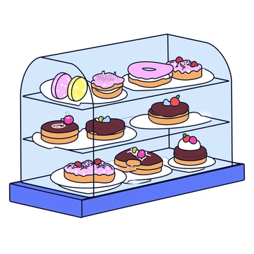 A glass display case filled with an assortment of exquisite pastries and desserts. The case features a variety of items, including delicate macarons in pastel colors, rich chocolate eclairs topped with glossy chocolate glaze, and fruit tarts adorned with shiny glazes and fresh berries. There are also fluffy cream puffs dusted with powdered sugar and layered cakes with intricate designs. The display case has a sleek frame, and the pastries are arranged carefully on elegant white platters inside.