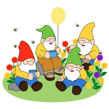 A group of four garden gnomes with colorful hats and cheerful expressions are gathered for a party in a vibrant garden. One gnome with a red hat holds a small blue cup, while another gnome with a green hat is laughing, sitting on a rock. A third gnome, wearing a yellow hat, is blowing up a balloon. Surrounding them are bright, blooming flowers in various colors, including red, yellow, and purple. Small buzzing bees are flying around, adding to the lively atmosphere. The sun is shining brightly, enhancing the colors of the scene.