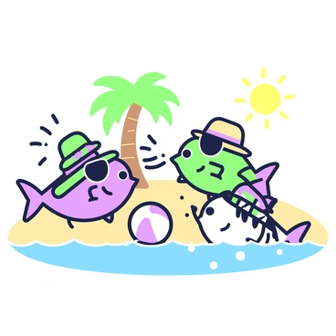 A group of cartoon herring is gathered at a sandy beach, each fish wearing unique hats and sunglasses. One herring sports a vibrant sunhat decorated with flowers, while another wears a straw fedora. A third herring shows off a colorful beanie. The herring are swimming near a beach ball that floats on the surface of the water. In the background, there are palm trees swaying gently, and a bright sun shining down on the scene. Some herring are playfully splashing water at each other, creating small droplets that catch the light.