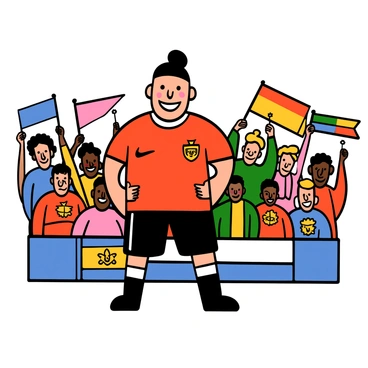 An anime-style illustration of a soccer player resembling Ronaldo with a muscular build and short dark hair, standing confidently in front of a diverse crowd of international fans. The player is wearing a vibrant red soccer jersey with white trim and black shorts, and he has a big smile on his face. The crowd behind him includes fans of various ethnicities holding colorful flags representing different countries. Each fan is dressed in a variety of team jerseys and casual clothing, showcasing their enthusiasm. The scene is lively, capturing the energy and excitement of a soccer match day.