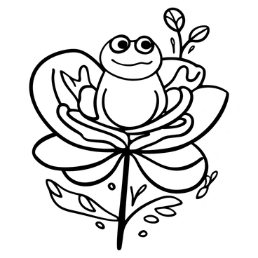 A whimsical black and white illustration of a frog with big eyes sitting on a large flower. The frog has a smooth, rounded body and is facing forward. The flower has intricate details, with layered petals curling and unfolding around the frog. The background features delicate leaves and stems adding to the overall composition.