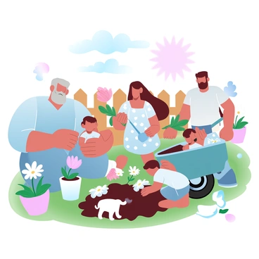 A multigenerational family is engaged in planting flowers in a backyard garden. The family includes a grandfather with silver hair, a grandmother with a floral-patterned dress, a mother kneeling beside a small child, and a teenage brother holding a trowel. Colorful flower pots are scattered around, filled with bright blooms such as daisies and tulips. The garden is lush, with green grass and a wooden fence in the background. A wheelbarrow filled with soil is positioned nearby, and a small dog is playfully digging at the edge of the garden. The sun is shining, creating a warm and inviting atmosphere.