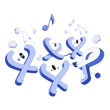 A group of cartoon-style nucleotides is gathered at a molecular party. Each nucleotide has a distinct shape, representing their unique structures, with rounded edges and playful expressions. They are engaged in various dance poses, with one nucleotide twirling joyfully, another playfully jumping, and a third holding hands with a neighboring nucleotide. The background features a whimsical arrangement of other molecular structures, contributing to the festive atmosphere. Above, there are floating musical notes, enhancing the lively scene.