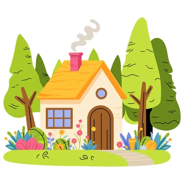 A quaint cottage nestled among tall, green trees in a dense forest. The cottage is built of warm, wooden logs with a thatched roof. Smoke curls gently from the chimney, creating a whimsical atmosphere. In the front yard, there is a vibrant garden filled with various plants that have unique shapes and colors, representing different magical spells. Brightly colored flowers bloom alongside twisting vines, and a small stone pathway leads to the cottage door.