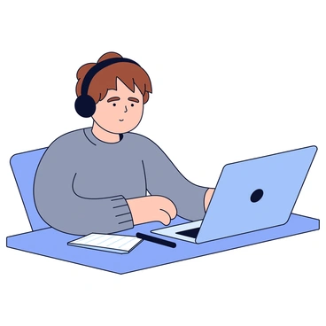 A person with short brown hair is sitting at a desk, wearing black over-ear headphones. Their eyes are intently focused on a laptop screen in front of them, which displays a webinar interface. The person is dressed in a gray sweater and has a neutral expression, indicating concentration. A notepad and a pen are placed beside the laptop, suggesting they are taking notes during the session. The background is a simple, light-colored wall, enhancing the overall minimalistic feel of the scene.