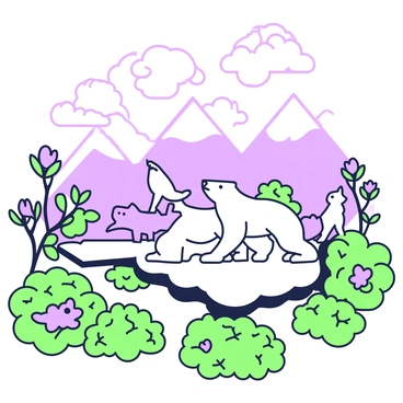 An illustration depicting an arctic ecosystem rich in flora and fauna. In the foreground, there are small clusters of green moss and hardy shrubs with intricate textures. A few purple flowers are visible among the greenery, showcasing their resilience in the harsh environment. In the middle ground, a group of polar bears can be seen resting on a sheet of ice, their white fur contrasting against the surroundings. Nearby, a pair of arctic foxes playfully interact, their tails raised. In the background, snow-capped mountains rise majestically, while the sky above is filled with swirling clouds. Glimpses of arctic birds can be seen flying above, adding to the vibrancy of this unique ecosystem.