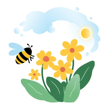 A busy bee is hovering near bright yellow flowers with intricate petal structures. The bee has distinct black and yellow stripes on its body. The flowers have vivid colors and are surrounded by lush green leaves. The sun is shining brightly in a clear blue sky, casting light on the scene and creating soft shadows on the flowers. A gentle breeze causes the flowers to sway slightly.