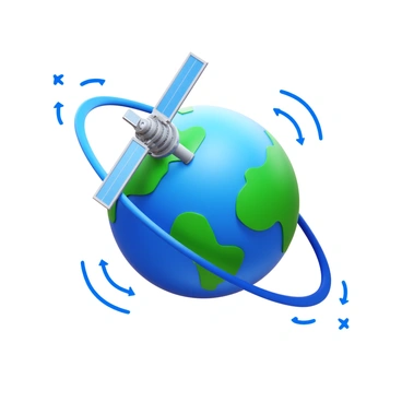 A 3D icon of a satellite in orbit around Earth. The satellite has solar panels extended and intricate details on its body. Earth is depicted with blue oceans and green landmasses, creating a realistic planet. Gravitational force lines are illustrated as curved arrows emanating from the Earth, indicating the direction and strength of gravity towards the planet.