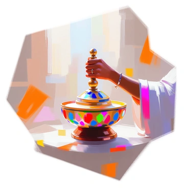 A close-up illustration of a colorful prayer wheel adorned with intricate designs and vibrant colors. The wheel is prominently displayed in the center of the image, capturing the attention with its detailed patterns and bright hues. A devotee with a gently weathered hand is grasping the handle, in the act of spinning the wheel. The devotee's hand is partially visible, showcasing a couple of rings and a wrist wrapped in a colorful cloth. The background features softly blurred elements that hint at a serene temple setting, enhancing the focus on the prayer wheel and the devotion being expressed.