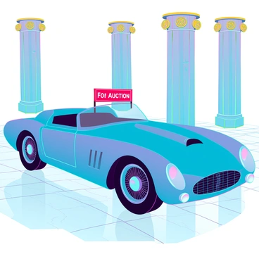 A sleek vintage speedster with a polished chrome body and a low profile is parked prominently. The car features elegant curves and gleaming headlights, showcasing its classic design. A bright red "For Auction" sign is placed strategically on the windshield. The opulent setting includes an intricately designed marble floor and luxurious decor with gold accents. Large, ornate pillars rise in the background, framing the scene. Soft, ambient lighting highlights the car's features and creates an inviting atmosphere.