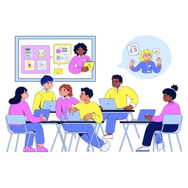 A group of students is sitting at desks in a bright, modern classroom setting. Each student has a laptop open in front of them. Floating above the desks are holographic teachers, projected in vibrant colors, providing lessons. The teachers are in various poses, gesturing as they explain concepts. Interactive screens line the walls of the classroom, displaying colorful diagrams and information related to the ongoing lesson. The students are engaged, looking at the holograms and screens with expressions of curiosity and concentration.