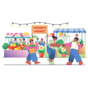 A bustling farmer's market is filled with activity. Multiple stalls are set up, each showcasing fresh produce like bright red tomatoes, yellow corn, and green leafy vegetables. There are vibrant bouquets of flowers in various colors, including sunflowers and daisies, arranged attractively in containers. People are walking around, some carrying woven baskets filled with fruits and vegetables. A vendor wearing a straw hat is handing a customer a large watermelon. In the background, a wooden sign displays the market's name, surrounded by hanging string lights that add a lively atmosphere.