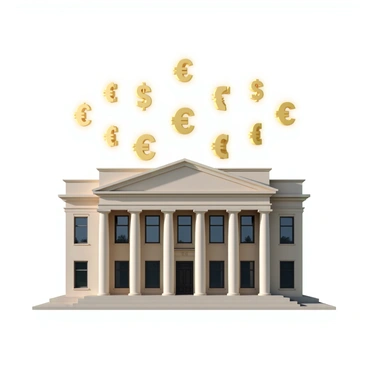A grand stock exchange building with stocks and currency symbols hovering around