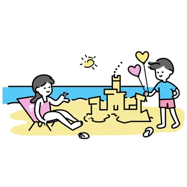A sunny beach scene with golden sand and gentle waves lapping at the shore. Two children, a boy and a girl, are busy building a sandcastle, complete with towers and a moat. The boy is wearing a bright blue t-shirt and red shorts while the girl is wearing a pink swimsuit. Nearby, colorful heart-shaped balloons are tied to their beach chairs, floating gently in the light breeze. A few seashells are scattered around them, and the sun is shining brightly in a clear blue sky.