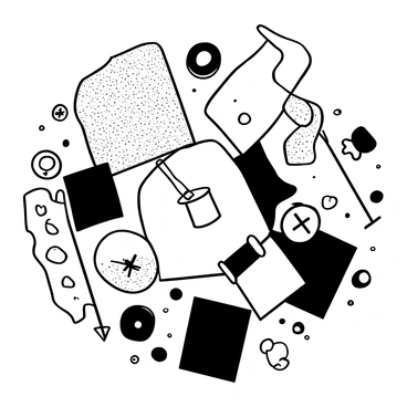 A flat lay arrangement of sewing supplies displayed on a textured surface. There are various spools of thread in different sizes and shapes, positioned strategically around the focal point. Needles of various lengths are scattered among the threads, some partially inserted into the fabric. Multiple fabric swatches in different patterns and textures are neatly arranged, with some overlapping each other. Small sewing accessories like buttons and pins are included in the composition, adding detail to the scene.