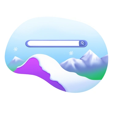 A snowy mountain peak with a clear blue sky above. On top of the mountain, there is a white search bar with rounded edges. The search bar features a subtle drop shadow, making it stand out against the white snow. Surrounding the search bar are small snowflakes gently falling, adding a wintery feel to the scene. In the background, distant mountains are visible, partially covered in snow, creating a serene atmosphere.