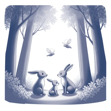A dense forest with tall trees, their trunks thick and textured. Sunlight filters through the leaves, creating dappled patterns on the forest floor. In the scene, various magical creatures are present. Small fairies with delicate wings are flitting around, their forms intricate and defined. A group of talking animals, including a rabbit and a fox, sit together, engaged in animated conversation. The rabbit's ears are perked up, and the fox has an alert expression. Flowers and lush greenery surround them, adding texture to the environment. The atmosphere feels alive with the presence of these enchanting beings.