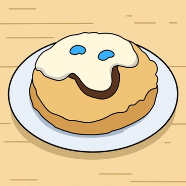 A round, freshly baked cookie with a golden-brown surface, slightly crispy at the edges. The cookie has a smooth, white frosting covering its top, which has been expertly piped to create a cheerful smiley face. The smiley face features two bright blue candy eyes and a wide, happy mouth made with dark chocolate icing. The cookie is placed on a simple white plate, resting on a light wooden table.