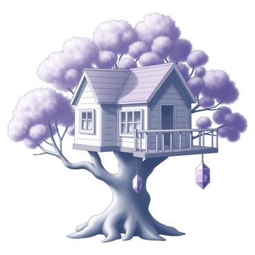 A treehouse built within the sturdy branches of a large tree. The treehouse has a whimsical design, featuring a rounded roof with a small balcony. The walls are made of natural wood, with windows that have playful shapes. Surrounding the treehouse, the branches are adorned with large, shimmering amethyst crystals, reflecting light in various angles. The base of the tree is thick and textured, with gnarled roots visible on the ground. The overall scene is filled with intricate details of the tree's bark and leaves, creating a lively atmosphere.