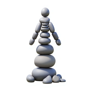 A perfectly balanced stack of rocks forming the silhouette of a human figure. The rocks vary in size, shape, and texture, creating a natural mosaic. The figure stands upright, with a rounded head and elongated limbs. The base of the stack is wider for stability, tapering off toward the top. Each rock is placed thoughtfully to maintain balance, with shadows cast on the ground beneath the figure. The scene captures a sense of harmony and stability in the arrangement of the stones.