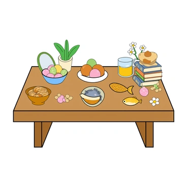 A Haft-Sin table featuring a beautifully arranged display of symbolic items. The table is made of polished wood with sleek lines, creating a modern base. On the table, there is a vibrant green sprout in a small vase, an assortment of colorful eggs, and a mirror reflecting the scene. A bowl of sweet pastries sits alongside a jar of honey, both artfully placed. There is also a stack of books with intricate covers, and a golden fish swimming in a clear bowl. The table is adorned with delicate flowers in soft pastel colors that complement the traditional elements. A soft light illuminates the scene, highlighting the textures and colors of the items on the table.