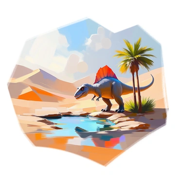 A spinosaurus standing majestically beside a hidden oasis in the middle of a vast desert. The oasis features clear blue water surrounded by lush greenery and palm trees. Sand dunes stretch endlessly in the background, with the sun casting long shadows across the arid landscape. The spinosaurus is depicted with its characteristic sail on its back, curiously peering at the water, with its strong limbs and sharp teeth prominently displayed. The scene captures the contrast between the dry desert and the vibrant life of the oasis.