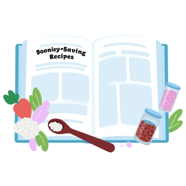 A cookbook is open to a page titled "Money-Saving Recipes." The page displays a layout with clear sections for various recipes and tips. Next to the cookbook, there is a collection of budget-friendly ingredients, including fresh vegetables, a bag of rice, canned beans, and a jar of spices. Each ingredient is arranged neatly, showcasing vibrant colors and textures. A wooden spoon rests beside the cookbook, adding a culinary touch to the scene. The overall arrangement emphasizes the theme of cooking economically while still enjoying delicious meals.