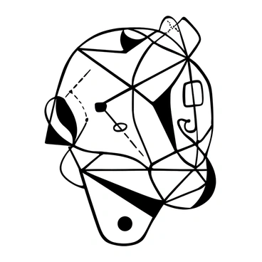 A face composed entirely of intersecting geometric lines and shapes. There are various triangles, squares, and circles forming the outline and structure of the face. The lines connect at sharp angles, creating a lattice effect throughout the composition. Some shapes overlap, adding complexity and depth to the design. The background is plain, allowing the intricate arrangement of geometric elements to stand out prominently.