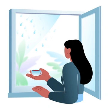 A person is sitting by a window with a cup of tea in hand. The person's silhouette is partially illuminated by soft, ambient light coming from behind. Outside the window, raindrops are gently tapping against the glass, creating a rhythmic pattern. The window frame is wooden and slightly worn, enhancing a cozy atmosphere. In the background, the scene captures a soft focus of greenery blurred by the rain. The overall color palette features gradient pastel colors, creating a calming ambiance throughout the image.