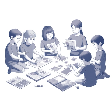 A group of children gathered around a large piece of paper. They are using scissors, carefully cutting out various images from magazines. Each child focuses intently on their task, with some holding up the cutouts to view them from different angles. The paper in front of them is already dotted with a variety of images, showing the beginnings of collages. Scattered around are open magazines, glue sticks, and bits of paper, showcasing their creativity and collaboration as they share ideas and help each other.