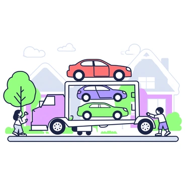 A car transporter is parked on a quiet street in a suburban neighborhood. The transporter, a large truck with multiple levels, has its ramp lowered, revealing several vehicles. On the top level, there is a red sedan, while the middle level showcases a blue SUV and a green hatchback. The bottom level features a silver pickup truck. Surrounding the transporter are well-maintained houses with neatly trimmed lawns, and a few trees line the sidewalk. A family is watching nearby, with a child pointing excitedly at the cars being unloaded.