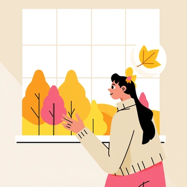 A character standing by a large window, gazing outside at a vibrant landscape showcasing seasonal changes. The scene outside reflects autumn with trees adorned in bright orange, yellow, and red leaves. A glowing leaf symbol hovers above the character's head, emitting a soft, warm light, conveying their positive gut feeling about the pleasant weather. The character has a thoughtful expression, dressed in a cozy sweater, with the sunlight streaming in, casting gentle shadows across the room.