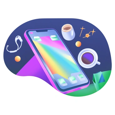 A modern pastel illustration of a 3D smartphone lying on a flat surface. The phone display is turned on, showing a vibrant interface. Surrounding the phone, city lights reflect on its glassy surface, creating a colorful array of blues, yellows, and pinks. The background is dark, enhancing the bright reflections. In the foreground, small details like a set of earphones and a coffee cup are partially visible.