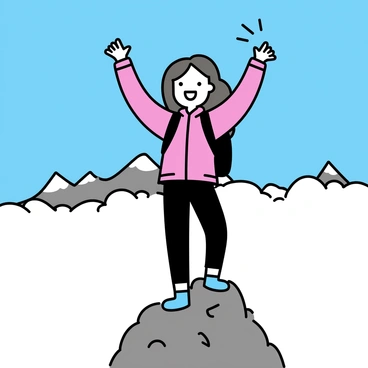A girl with long brown hair, wearing a bright red jacket and black hiking pants, stands triumphantly on a rocky mountain peak. She has her arms raised in victory, smiling widely. Below her, a thick layer of white clouds blankets the valley, creating a soft, fluffy contrast to the rugged rocks. In the background, other distant mountain peaks are visible, partially obscured by the clouds. The sky above is clear and blue, adding to the sense of accomplishment.