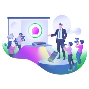 A CEO standing confidently on a stage, unveiling a new product. The CEO is dressed in a sharp black suit, with a white shirt and a blue tie. In front of the CEO is a sleek, modern product displayed on a podium with a spotlight illuminating it. Surrounding the stage are several photographers, each holding cameras and capturing the moment. The background features a large banner with the product's logo prominently displayed. The setting is filled with soft lighting that complements the atmosphere of the event.