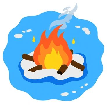 A large bonfire with bright orange flames flickers at the center of a frozen lake. The fire casts a warm glow on the surrounding ice, creating a stark contrast between the bright flames and the cold, crystalline surface. The ice is textured with a smooth sheen, reflecting the fiery light. Small patches of snow around the bonfire add to the winter setting, and wisps of smoke rise into the night sky, illuminated by the fire. The scene is tranquil, capturing the serene beauty of the lake under the starry night.