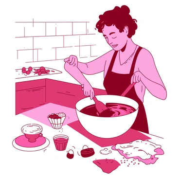 A red home baker is standing at a kitchen counter, focused on mixing a vibrant beet puree into a large white mixing bowl. The bowl is filled with light-colored cake batter that is beginning to swirl into a deep pink hue as the beet puree is incorporated. The baker's hands are gripping a wooden spatula, and there are splashes of batter around the bowl's rim. In the background, there are colorful baking tools and ingredients scattered across the counter, including eggs, flour, and sprinkles, enhancing the lively atmosphere of baking.