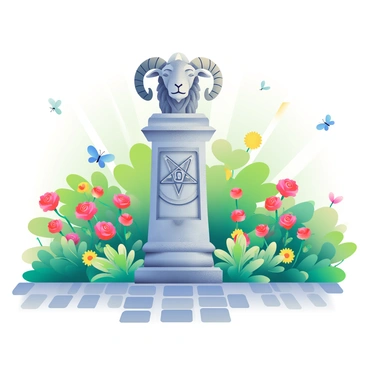 A weathered stone statue of "Baphomet" is positioned prominently in the center of the image. The statue features intricate details, including ram's horns and a pentagram, conveying a sense of ancient wisdom. Surrounding the statue is a lush garden filled with vibrant green foliage and a variety of colorful flowers, such as red roses and yellow daisies. Soft sunlight filters through the leaves, creating gentle shadows on the ground. A cobblestone path leads up to the statue, inviting viewers to approach. Butterflies flutter around the scene, adding lively movement to the tranquil garden atmosphere.