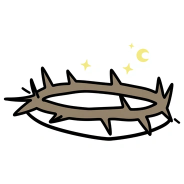A crown of thorns resting on a flat surface. The thorns are intricately detailed, with sharp edges and a natural brown color. Moonlight softly illuminates the crown, casting gentle shadows around it. The surrounding area is dimly lit, enhancing the contrast between the bright highlights and the dark tones of the thorns.