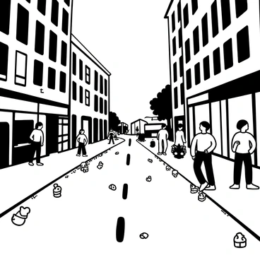 A busy city street featuring tall buildings on either side, filled with a variety of shops and storefronts. Sidewalks are lined with people going about their daily activities. Plastic waste, such as bags and bottles, is scattered across the sidewalks, creating a stark contrast against the bustling atmosphere. In the background, a few trees can be seen, and faint outlines of vehicles are present on the street.