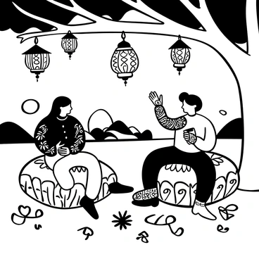 A scene depicting two characters sitting on ornate cushions under a tree, surrounded by intricate patterns. The characters have their hands and arms adorned with detailed mehendi designs, showcasing swirls and floral motifs. One character is holding a small book, while the other is gesturing excitedly. Surrounding them are decorative lanterns hanging from the branches of the tree, casting intricate shadows on the ground. In the background, there are distant silhouettes of hills and a setting sun, adding depth to the illustration.