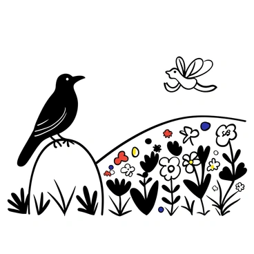 A raven with sleek feathers perched on a large rock, facing a tiny fairy with delicate wings hovering nearby. The fairy is surrounded by an assortment of colorful flowers, each blooming vibrantly on the hill. The raven has its beak slightly open, as if speaking, while the fairy gestures with one hand, indicating engagement in the conversation. In the background, the hill slopes gently, covered in layers of flowers of different shapes and sizes, creating a lush, detailed landscape.