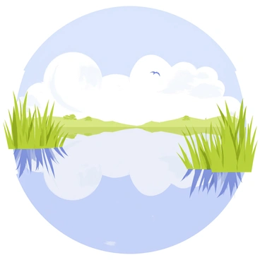 A tranquil scene depicting the Everglades with calm water reflecting the sky. The water is smooth and glassy, mirroring fluffy white clouds and a bright blue sky above. Lush green reeds and grasses line the edges of the water, adding depth to the image. A few small birds can be seen flying overhead, while distant trees are silhouetted against the horizon. The overall atmosphere conveys a sense of peace and natural beauty.