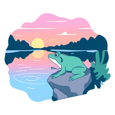 A teal frog is perched on a gray rock at the edge of a lake. The frog is looking out over the water, where the sun is setting, casting a warm glow. The sky displays shades of orange and pink as the sun dips below the horizon. Gentle ripples in the lake's surface reflect the colors of the sky, creating a calm atmosphere. The surrounding landscape is lush with green foliage, framing the scene.