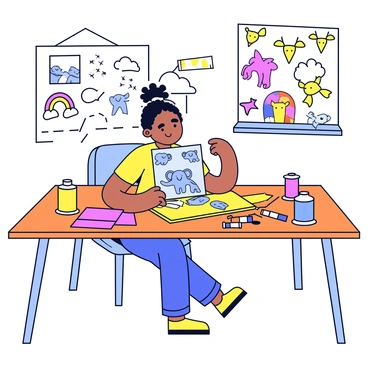 A designer is sitting at a large wooden table cluttered with colorful sketches and fabrics. The designer is focused intently on a bright illustration of a playful animal pattern featuring smiling elephants and cheerful giraffes. Around the table are various spools of thread in vibrant colors such as red, yellow, and blue. The workspace is filled with cheerful design elements including playful fabric swatches and a few colorful markers. In the background, a mood board displays inspirations like whimsical clouds and rainbow designs, contributing to the atmosphere of creativity and fun.